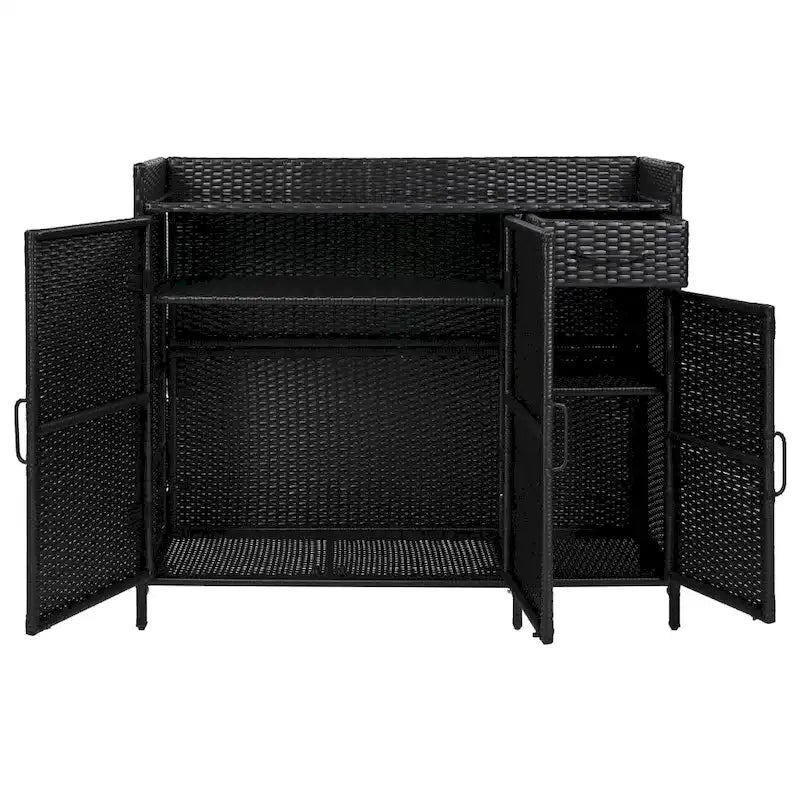 Armoire de rangement extérieure en osier, îlot de cuisine résistant aux intempéries, table de bar en rotin avec plateau en verre trempé et tiroir pour jouets de piscine