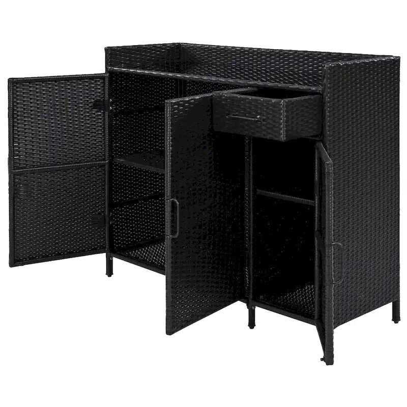 Armoire de rangement extérieure en osier, îlot de cuisine résistant aux intempéries, table de bar en rotin avec plateau en verre trempé et tiroir pour jouets de piscine