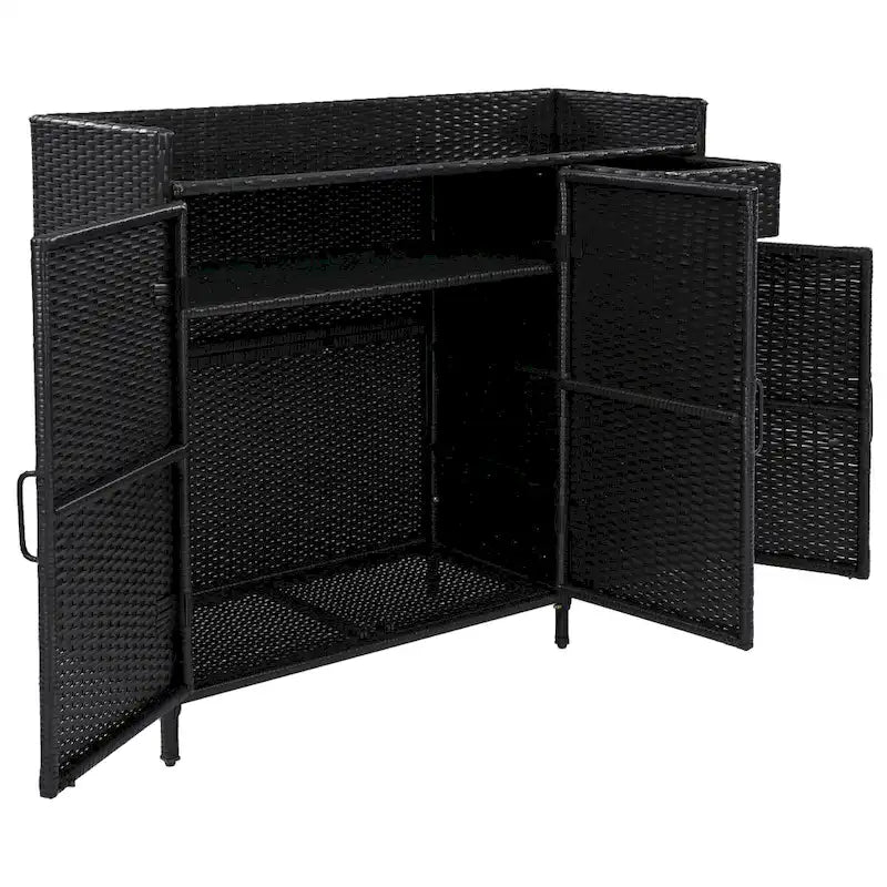 Armoire de rangement extérieure en osier, îlot de cuisine résistant aux intempéries, table de bar en rotin avec plateau en verre trempé et tiroir pour jouets de piscine