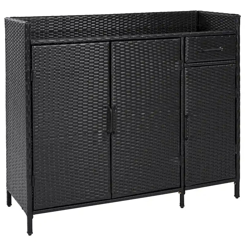 Armoire de rangement extérieure en osier, îlot de cuisine résistant aux intempéries, table de bar en rotin avec plateau en verre trempé et tiroir pour jouets de piscine