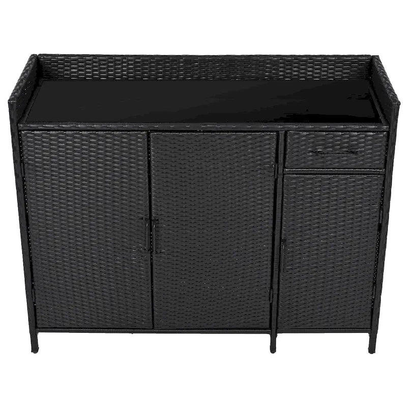 Armoire de rangement extérieure en osier, îlot de cuisine résistant aux intempéries, table de bar en rotin avec plateau en verre trempé et tiroir pour jouets de piscine