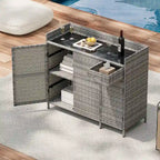 Armoire de rangement extérieure en osier, îlot de cuisine résistant aux intempéries, table de bar en rotin avec plateau en verre trempé et tiroir pour jouets de piscine