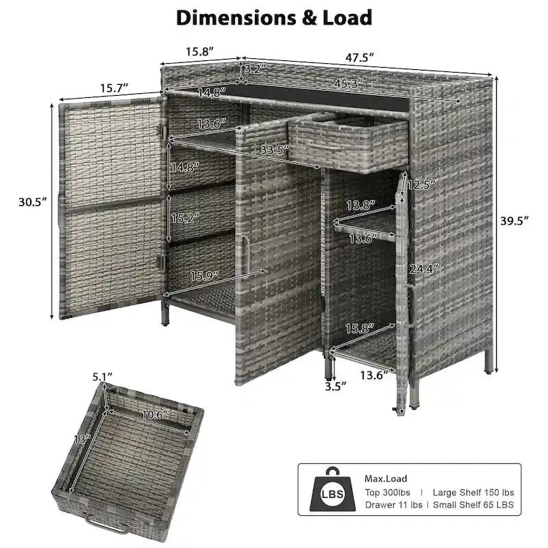Armoire de rangement extérieure en osier, îlot de cuisine résistant aux intempéries, table de bar en rotin avec plateau en verre trempé et tiroir pour jouets de piscine