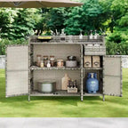 Armoire de rangement extérieure en osier, îlot de cuisine résistant aux intempéries, table de bar en rotin avec plateau en verre trempé et tiroir pour jouets de piscine