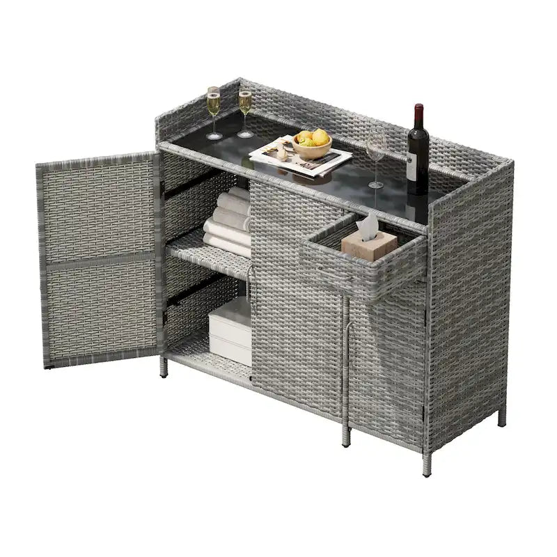 Armoire de rangement extérieure en osier, îlot de cuisine résistant aux intempéries, table de bar en rotin avec plateau en verre trempé et tiroir pour jouets de piscine