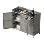 Armoire de rangement extérieure en osier, îlot de cuisine résistant aux intempéries, table de bar en rotin avec plateau en verre trempé et tiroir pour jouets de piscine