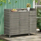 Armoire de rangement extérieure en osier, îlot de cuisine résistant aux intempéries, table de bar en rotin avec plateau en verre trempé et tiroir pour jouets de piscine