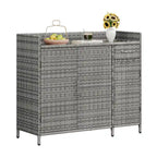 Armoire de rangement extérieure en osier, îlot de cuisine résistant aux intempéries, table de bar en rotin avec plateau en verre trempé et tiroir pour jouets de piscine