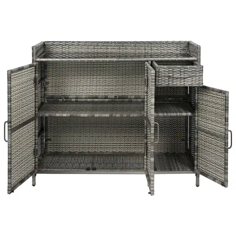 Armoire de rangement extérieure en osier, îlot de cuisine résistant aux intempéries, table de bar en rotin avec plateau en verre trempé et tiroir pour jouets de piscine