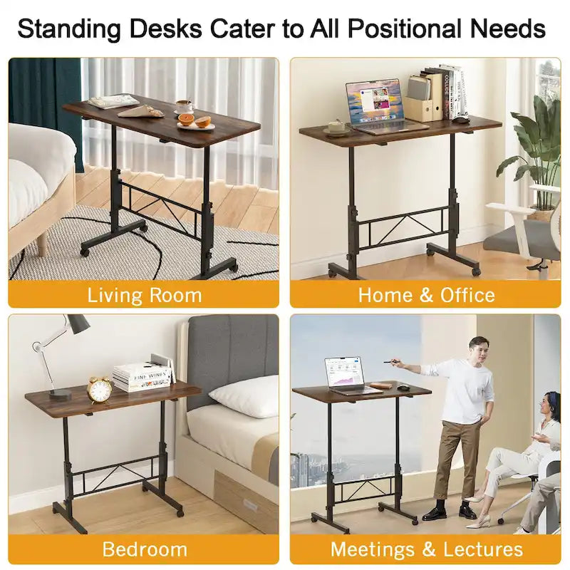 Bureau Debout Mobile avec Roulettes, Petit Bureau Debout à Hauteur Réglable, Bureaux Roulants Portables de 80 cm