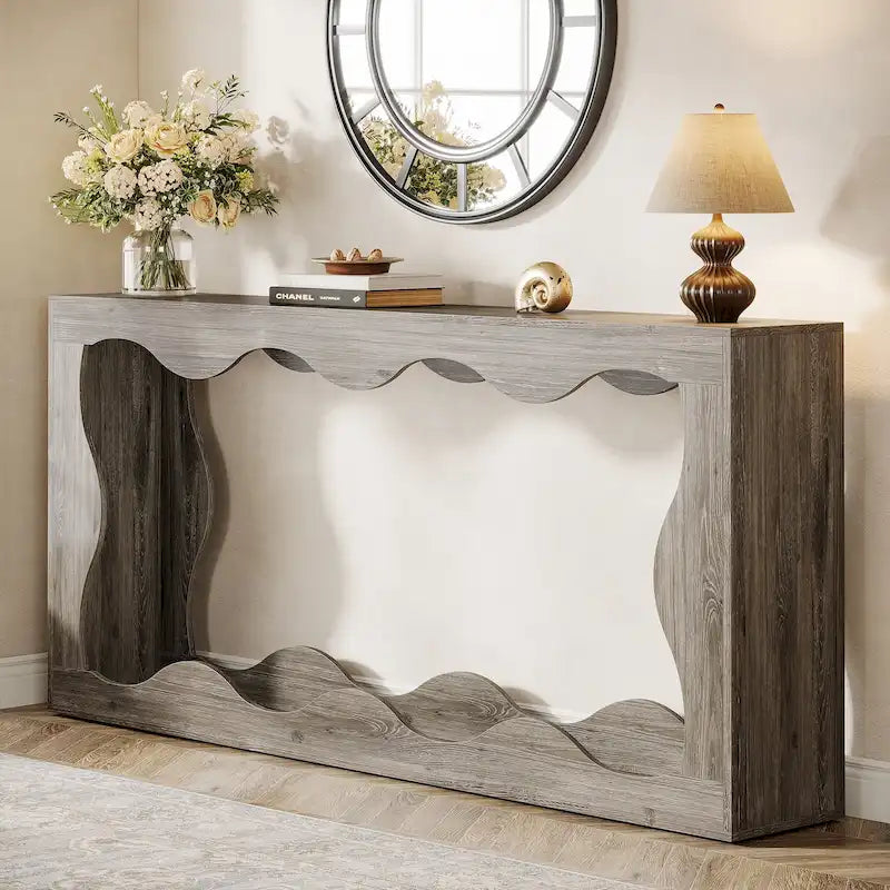 Console en bois de 160 cm, Table d'entrée rectangulaire pour salon, Marron rustique