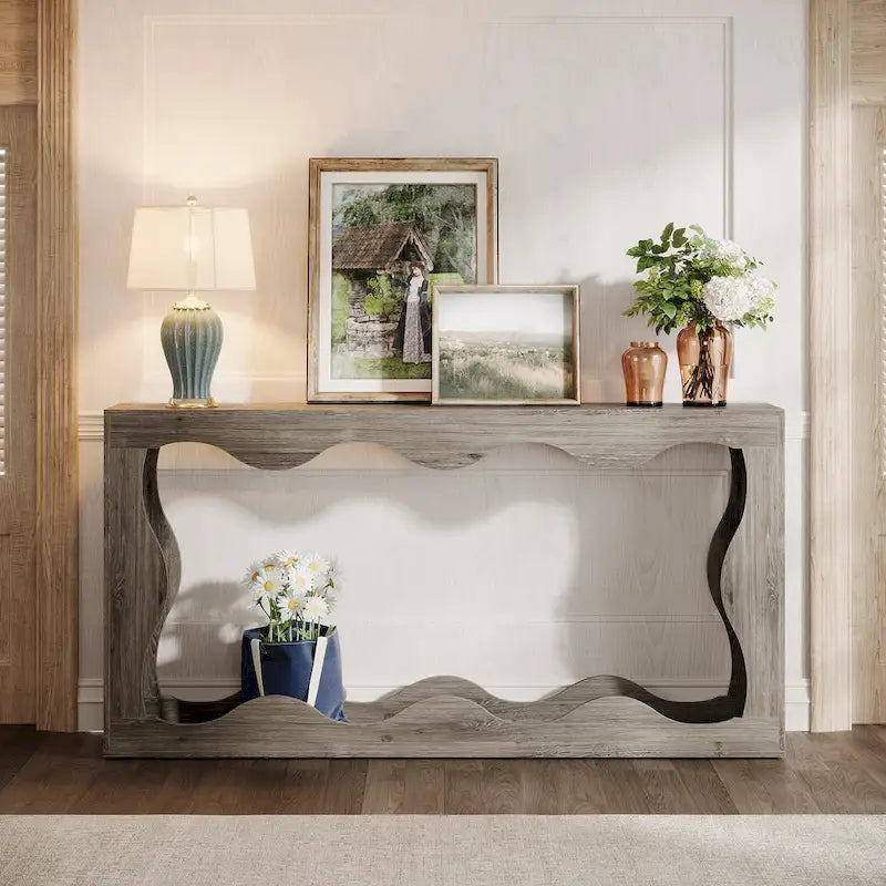 Console en bois de 160 cm, Table d'entrée rectangulaire pour salon, Marron rustique