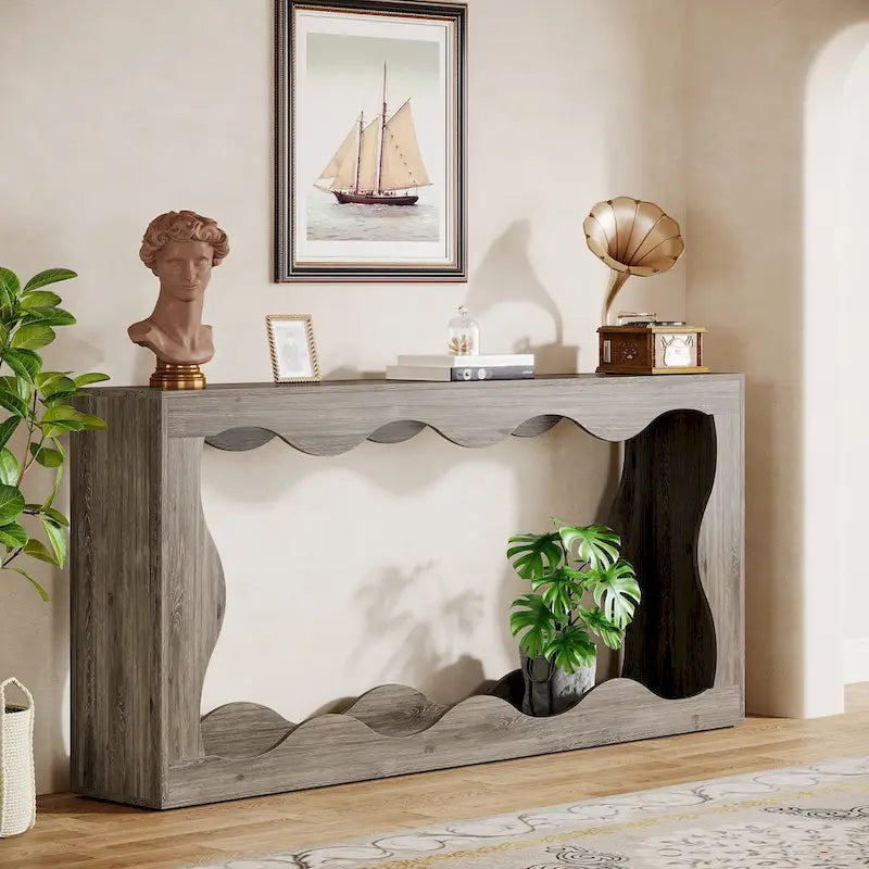Console en bois de 160 cm, Table d'entrée rectangulaire pour salon, Marron rustique