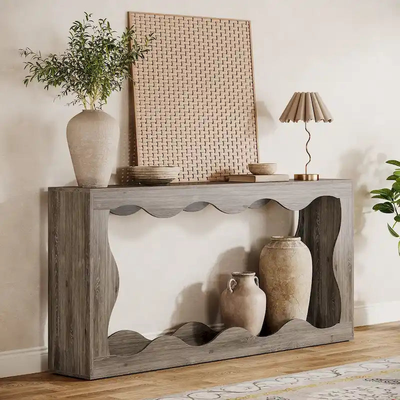 Console en bois de 160 cm, Table d'entrée rectangulaire pour salon, Marron rustique
