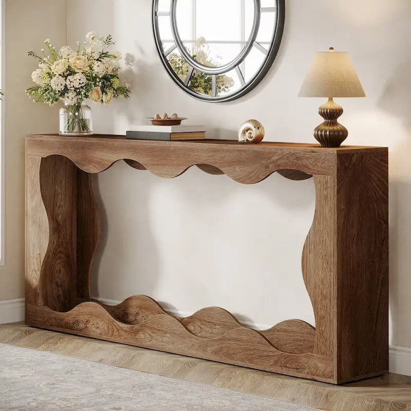 Console en bois de 160 cm, Table d'entrée rectangulaire pour salon, Marron rustique