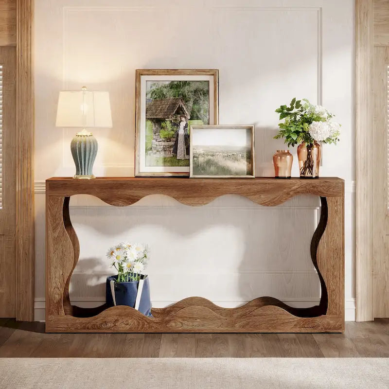 Console en bois de 160 cm, Table d'entrée rectangulaire pour salon, Marron rustique