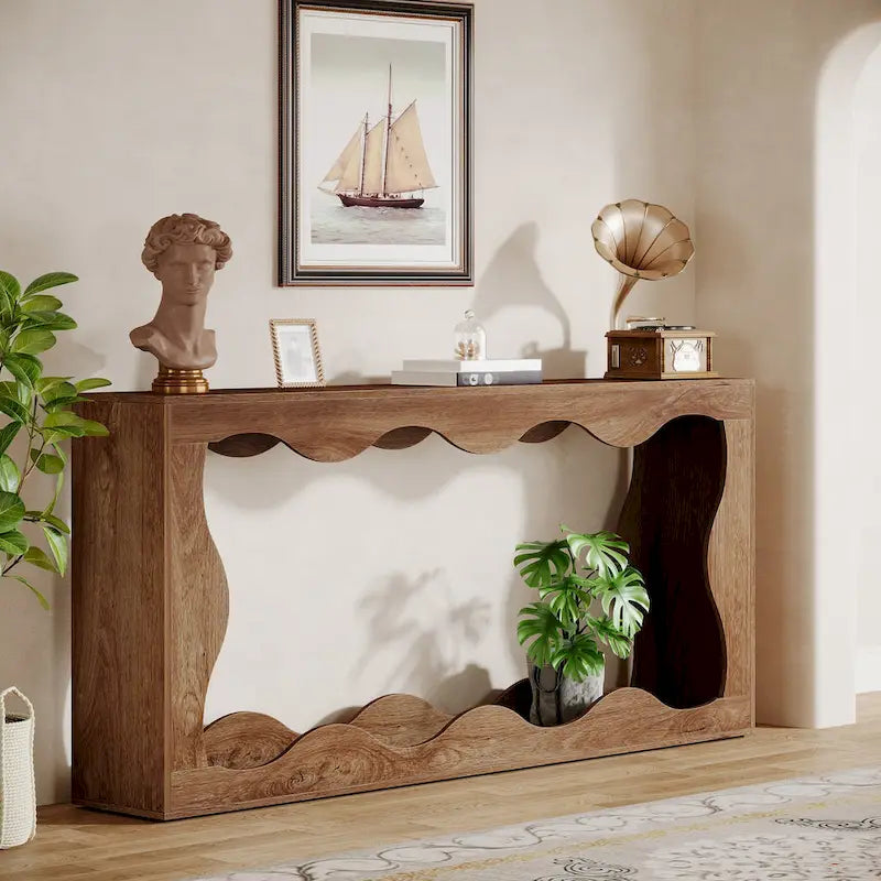 Console en bois de 160 cm, Table d'entrée rectangulaire pour salon, Marron rustique
