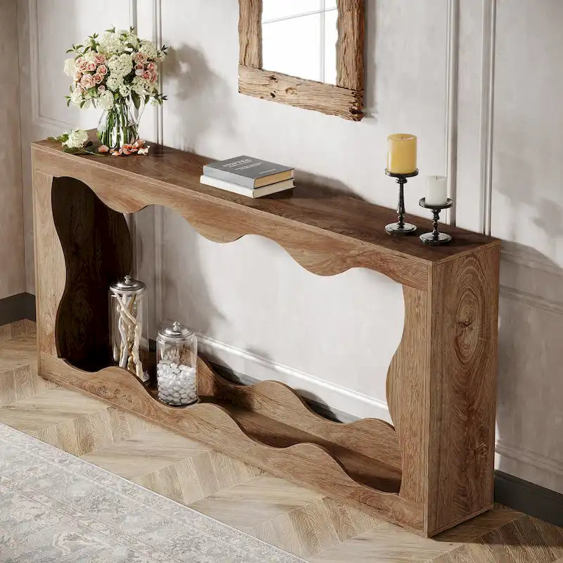 Console en bois de 160 cm, Table d'entrée rectangulaire pour salon, Marron rustique