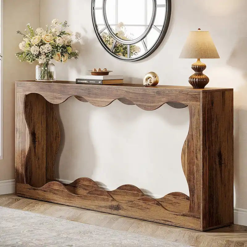 Console en bois de 160 cm, Table d'entrée rectangulaire pour salon, Marron rustique