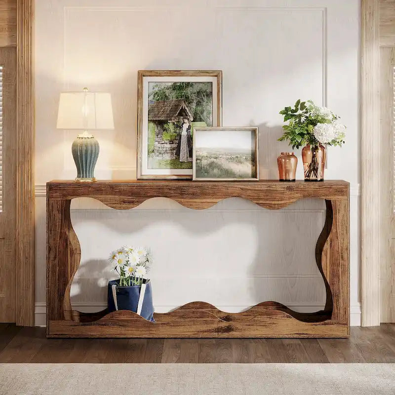 Console en bois de 160 cm, Table d'entrée rectangulaire pour salon, Marron rustique