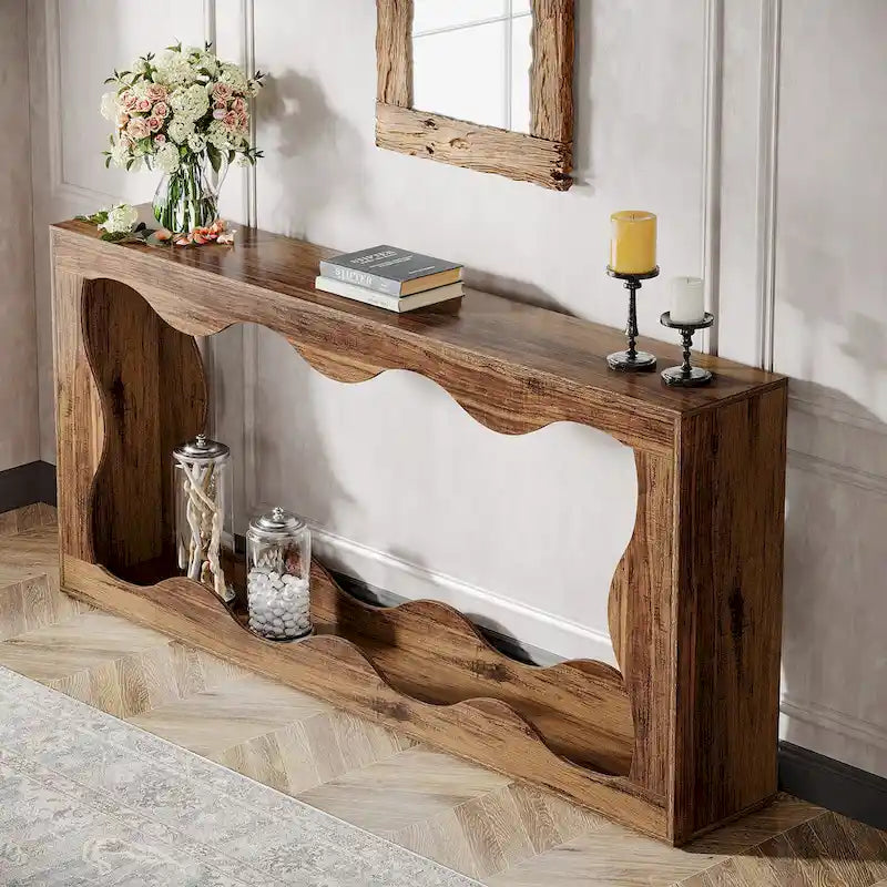 Console en bois de 160 cm, Table d'entrée rectangulaire pour salon, Marron rustique