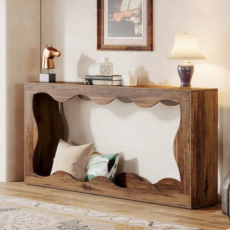 Console en bois de 160 cm, Table d'entrée rectangulaire pour salon, Marron rustique
