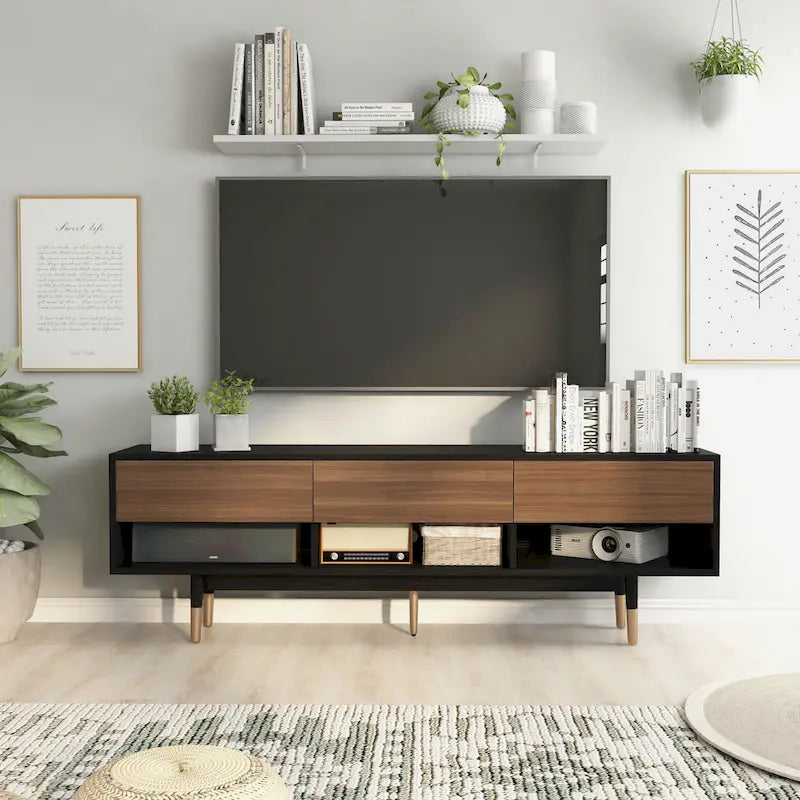 Meuble TV à trois niveaux médiéval moderne noir de 71 pouces