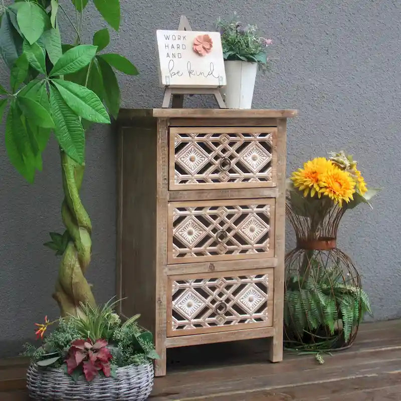 Table d'appoint en bois avec 3 tiroirs sculptés, Table d'appoint vintage