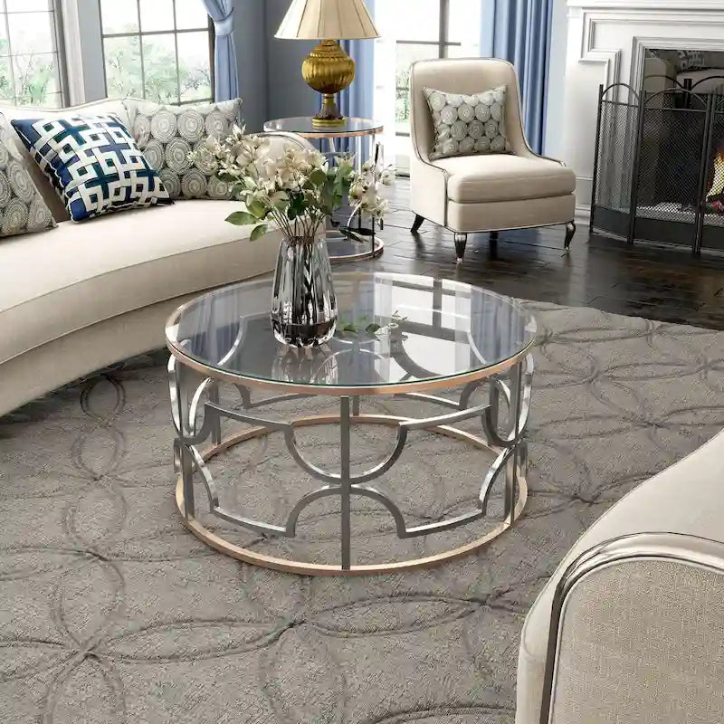 Table basse ronde ouverte plaquée or chromée de style moderne