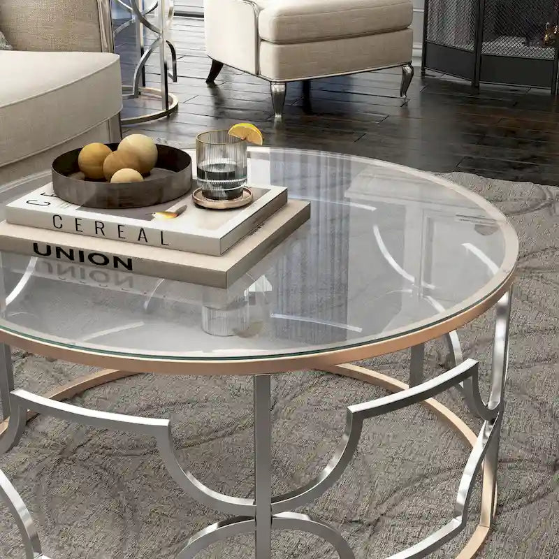 Table basse ronde ouverte plaquée or chromée de style moderne