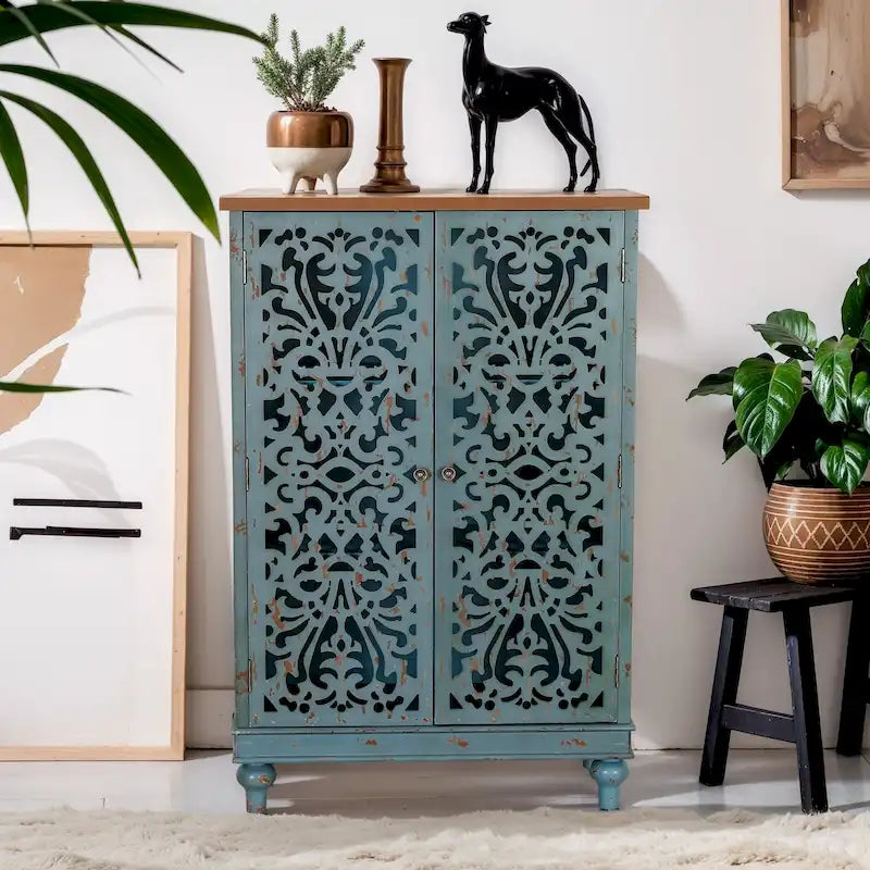 Armoire de rangement sculptée ajourée rétro à deux portes