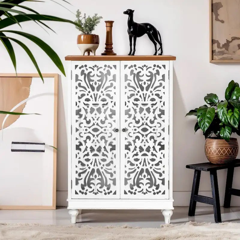 Armoire de rangement sculptée ajourée rétro à deux portes