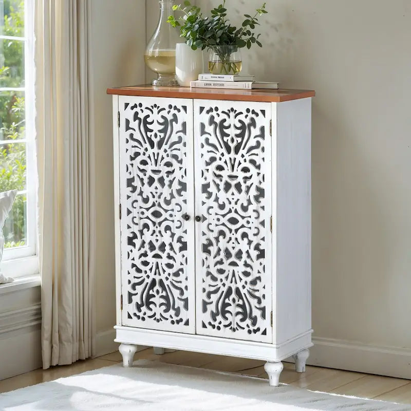 Armoire de rangement sculptée ajourée rétro à deux portes