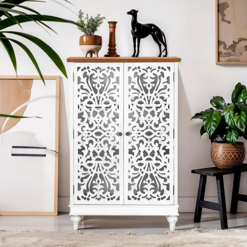 Armoire de rangement sculptée ajourée rétro à deux portes