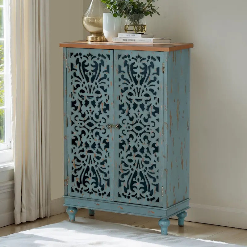 Armoire de rangement sculptée ajourée rétro à deux portes