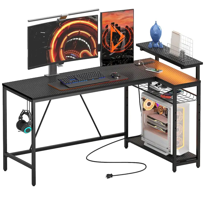 Bureau d'angle réversible avec LED, prises de courant et support d'écran - Bureau d'ordinateur