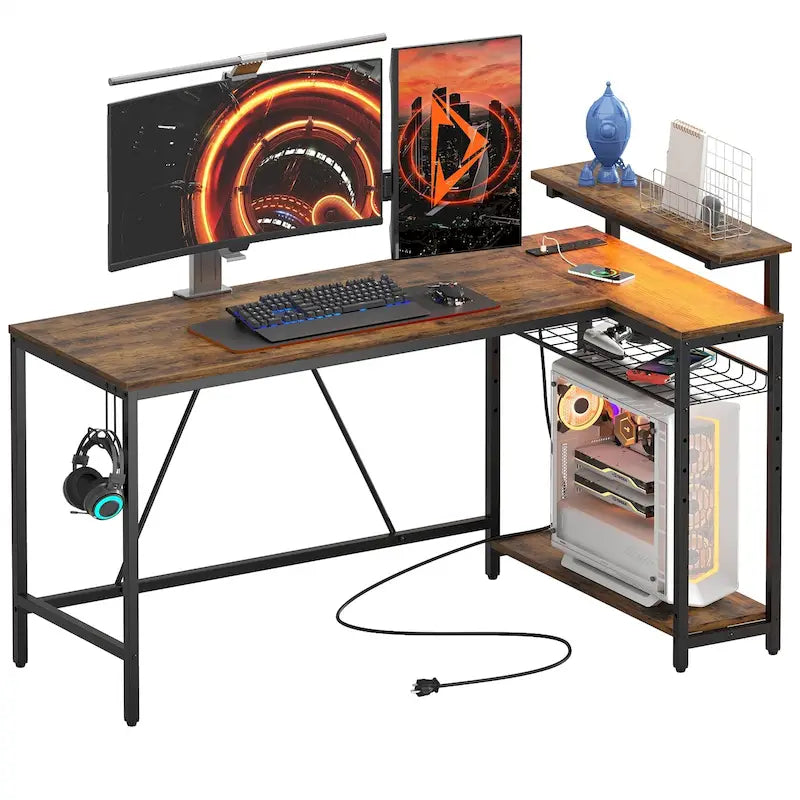 Bureau d'angle réversible avec LED, prises de courant et support d'écran - Bureau d'ordinateur