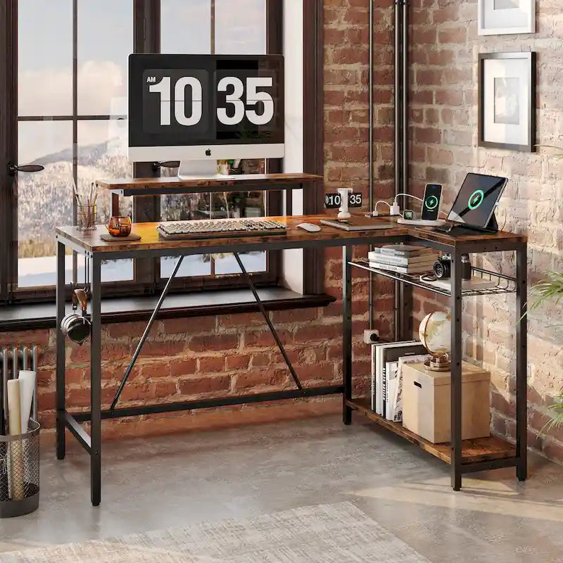 Bureau d'angle réversible avec LED, prises de courant et support d'écran - Bureau d'ordinateur