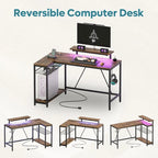 Bureau d'angle réversible avec LED, prises de courant et support d'écran - Bureau d'ordinateur