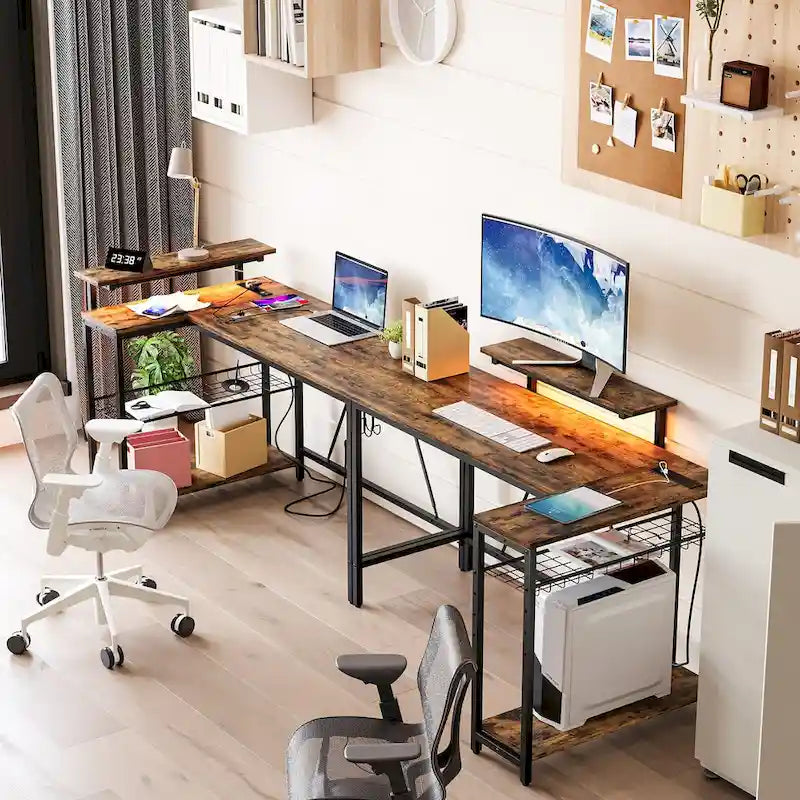 Bureau d'angle réversible avec LED, prises de courant et support d'écran - Bureau d'ordinateur