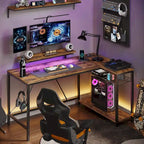 Bureau d'angle réversible avec LED, prises de courant et support d'écran - Bureau d'ordinateur