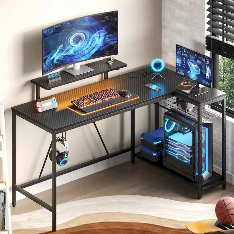 Bureau d'angle réversible avec LED, prises de courant et support d'écran - Bureau d'ordinateur