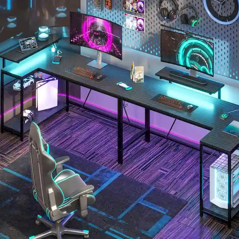 Bureau d'angle réversible avec LED, prises de courant et support d'écran - Bureau d'ordinateur