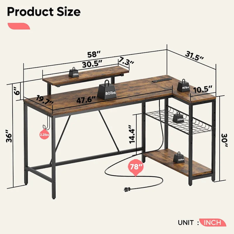 Bureau d'angle réversible avec LED, prises de courant et support d'écran - Bureau d'ordinateur