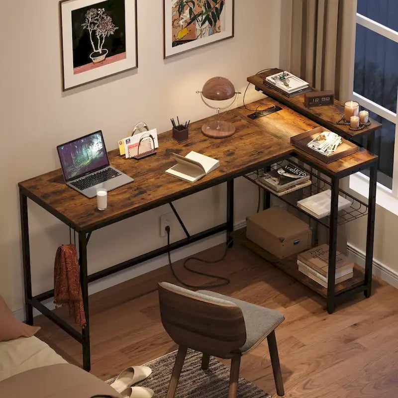 Bureau d'angle réversible avec LED, prises de courant et support d'écran - Bureau d'ordinateur
