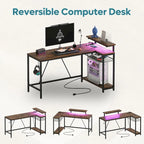 Bureau d'angle réversible avec LED, prises de courant et support d'écran - Bureau d'ordinateur