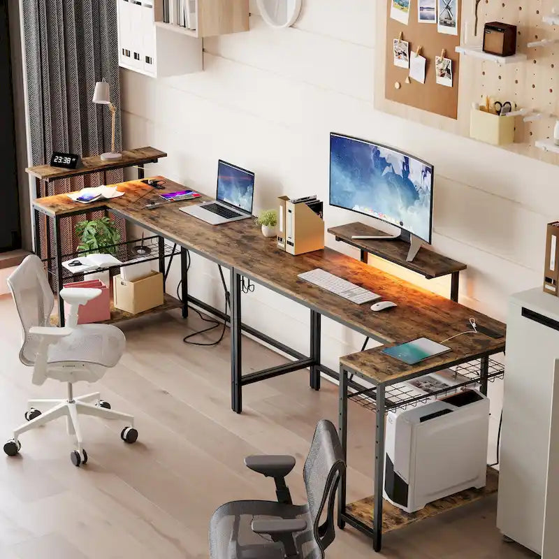 Bureau d'angle réversible avec LED, prises de courant et support d'écran - Bureau d'ordinateur