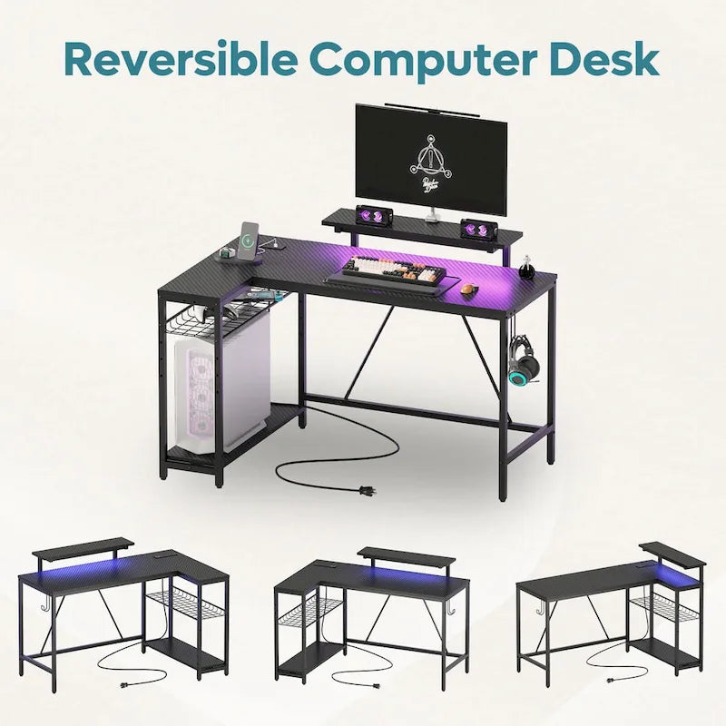 Bureau d'angle réversible avec LED, prises de courant et support d'écran - Bureau d'ordinateur