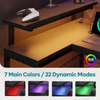 Bureau d'angle réversible avec LED, prises de courant et support d'écran - Bureau d'ordinateur