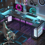 Bureau d'angle réversible avec LED, prises de courant et support d'écran - Bureau d'ordinateur